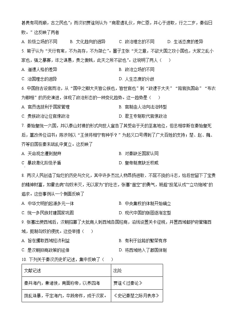 四川省绵阳南山中学实验学校2023-2024学年高一10月月考历史试题  Word版无答案第2页