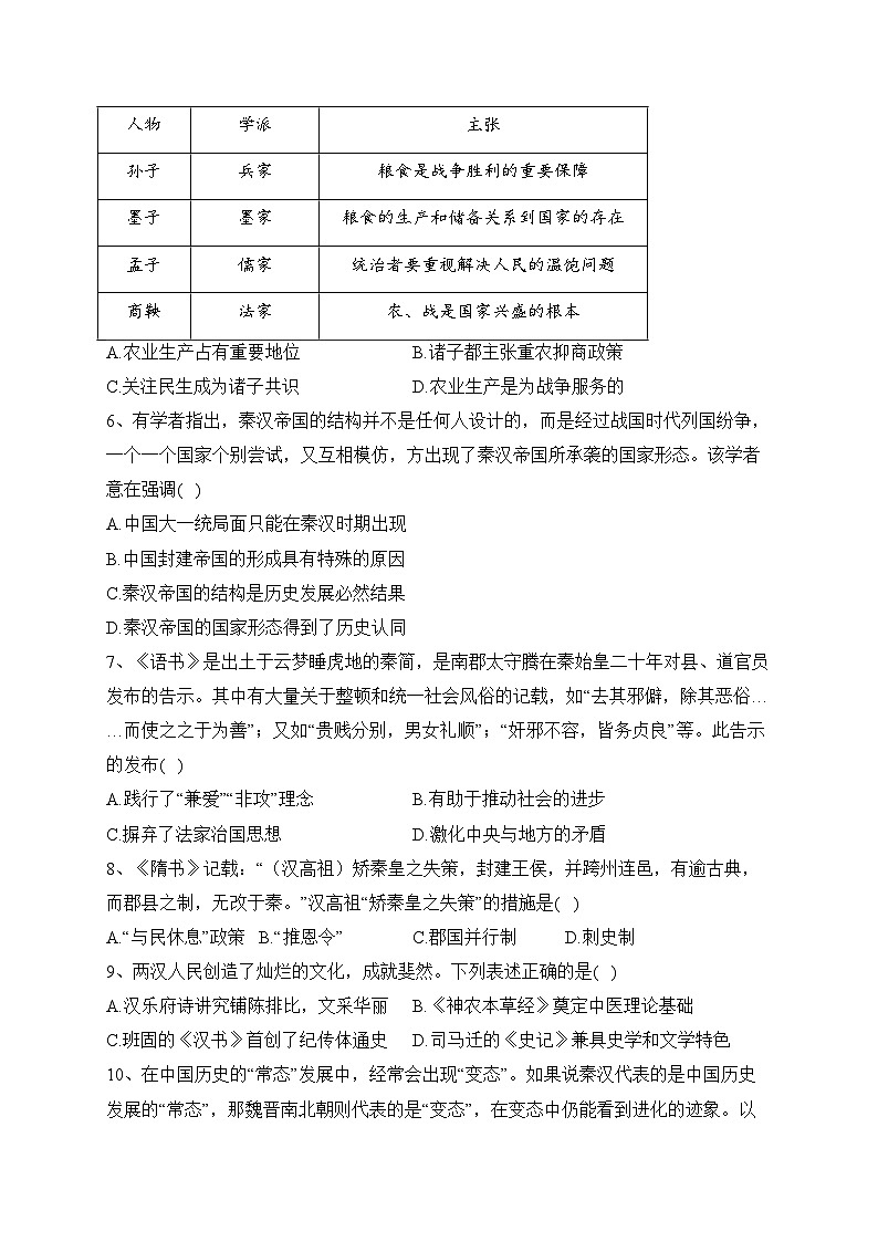 安徽省定远中学2023-2024学年高一上学期期中考试历史试卷(含答案)02