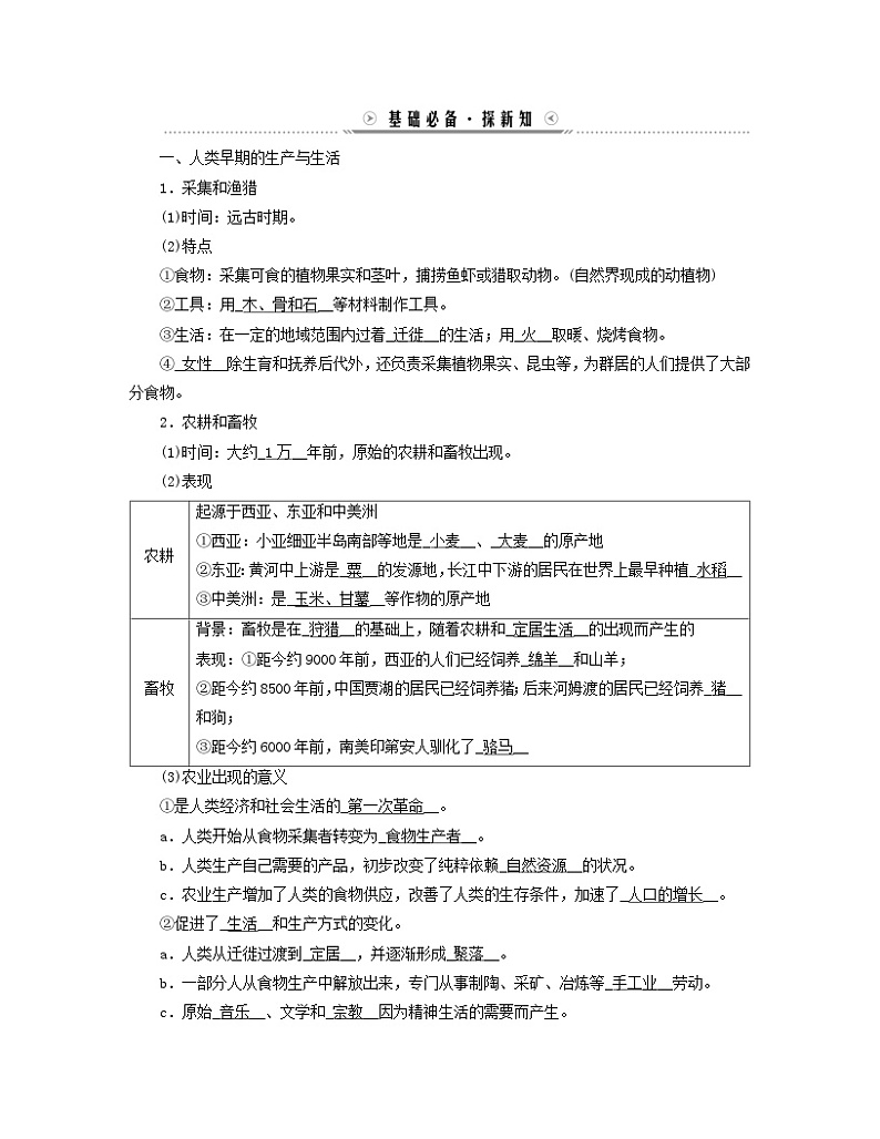 新教材适用2023_2024学年高中历史第1单元食物生产与社会生活第1课从食物采集到食物生产学案部编版选择性必修202
