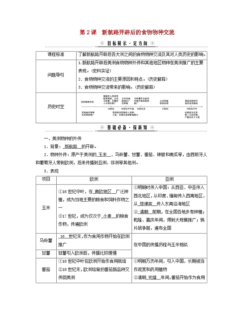 新教材适用2023_2024学年高中历史第1单元食物生产与社会生活第2课新航路开辟后的食物物种交流学案部编版选择性必修201