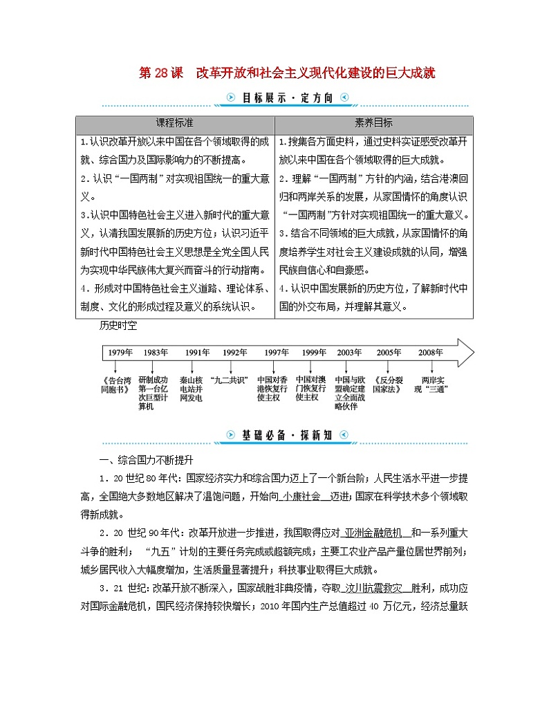 新教材适用2023_2024学年高中历史第10单元改革开放和社会主义现代化建设新时期第28课改革开放和社会主义现代化建设的巨大成就学案部编版必修中外历史纲要上第1页