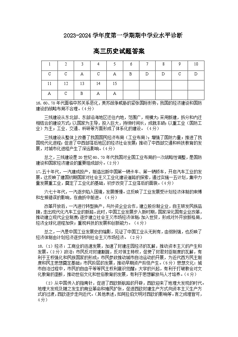 2024烟台高三上学期期中学业水平诊断历史PDF版含答案 试卷01