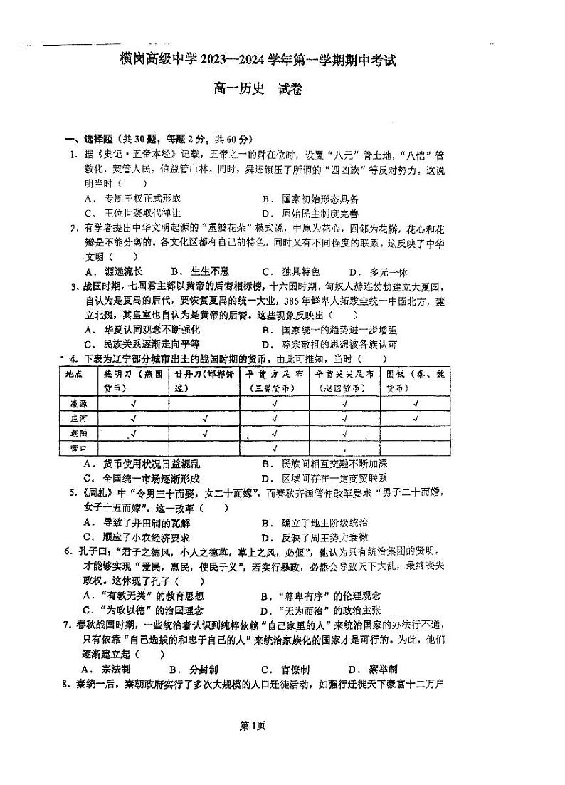 广东省深圳市龙岗区横岗高级中学2023-2024学年高一上学期期中考试历史试题(1)01