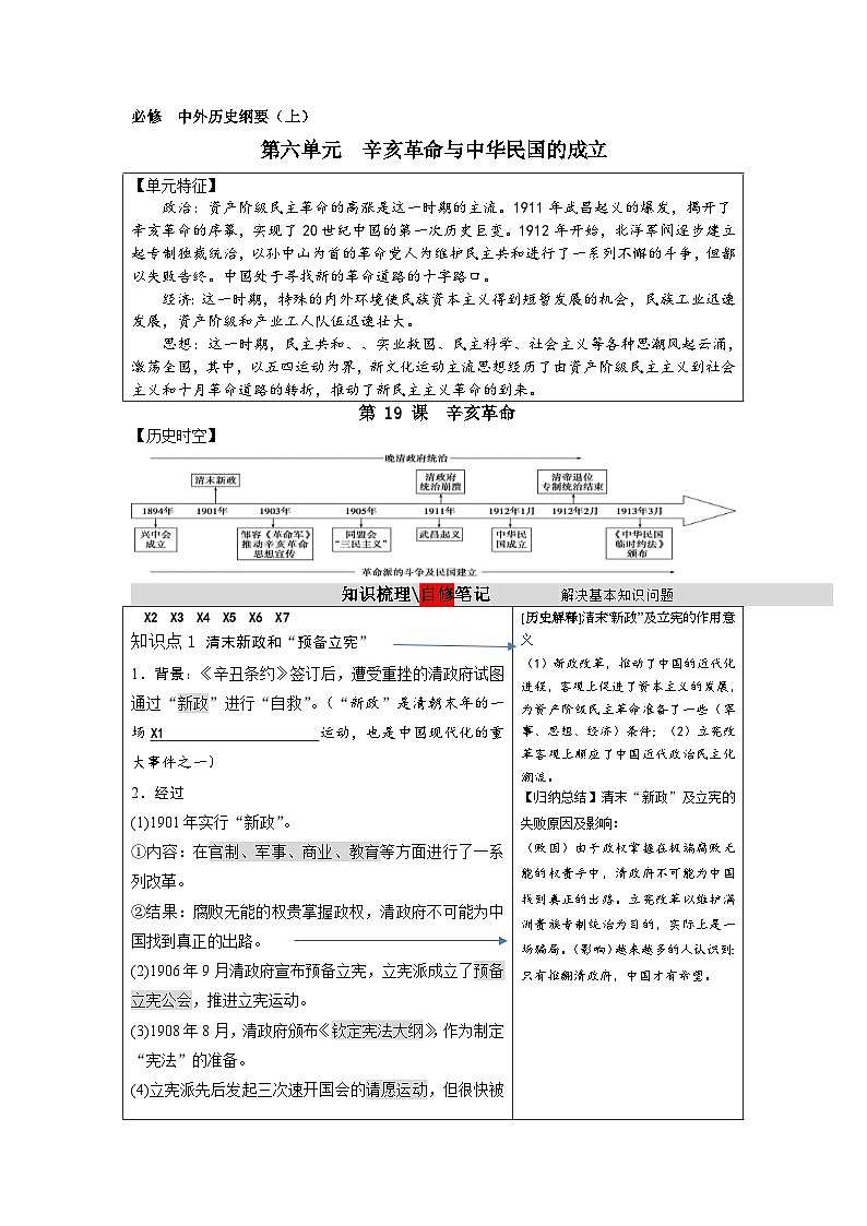 统编版（2019）必修中外历史纲要（上）2024届高三一轮复习  第18课 辛亥革命 （讲义）（含答案）01