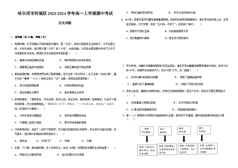 黑龙江省哈尔滨市阿城区2023-2024学年高一上学期期中考试历史试题（含解析）第1页