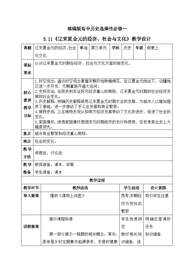 第11课 辽宋夏金元的经济、社会与文化 教学设计  高中统编版（2019）必修中外历史纲要上01