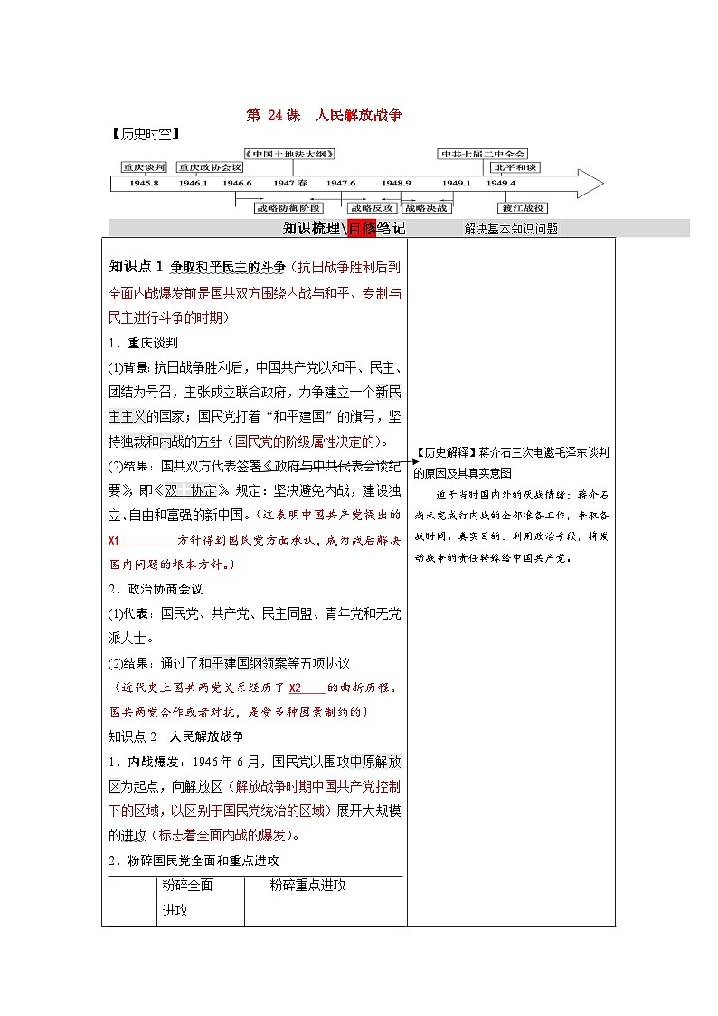 第24课 人民解放战争 学案 高三统编版（2019）必修中外历史纲要上一轮复习第1页