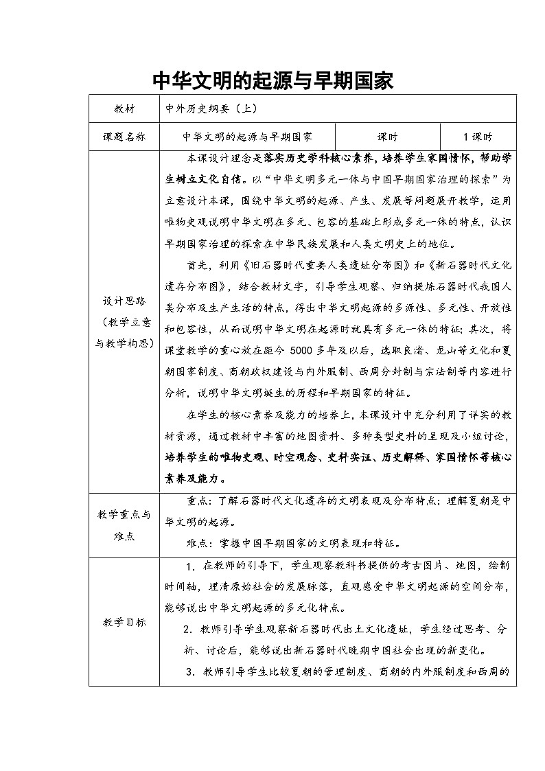 中华文明的起源与早期国家  教案第1页