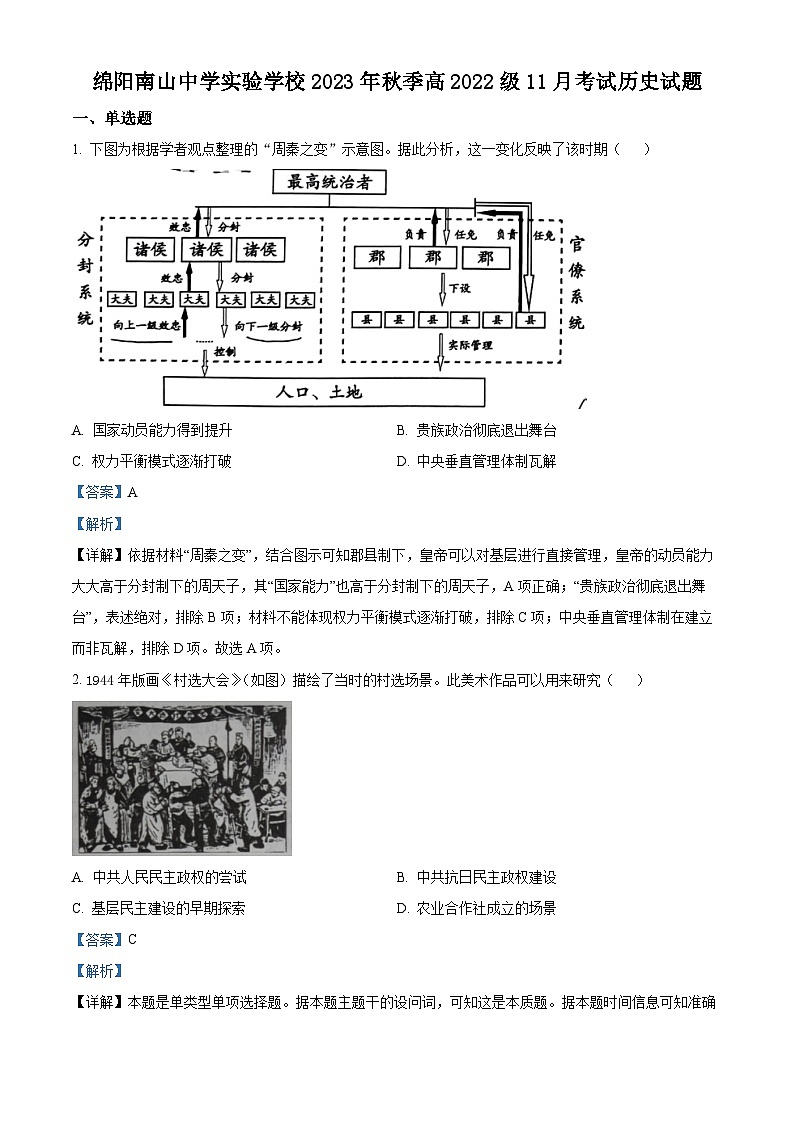 四川省绵阳南山中学实验学校2023-2024学年高二11月月考历史试题(含解析)01