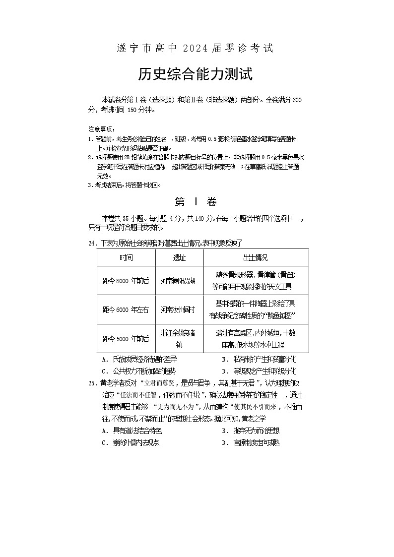 2024遂宁高三上学期零诊考试文综历史含答案01
