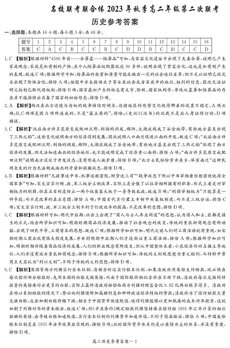 2024湖南省名校联考联合体高二上学期第二次联考（期中考试）历史试题PDF版含答案01
