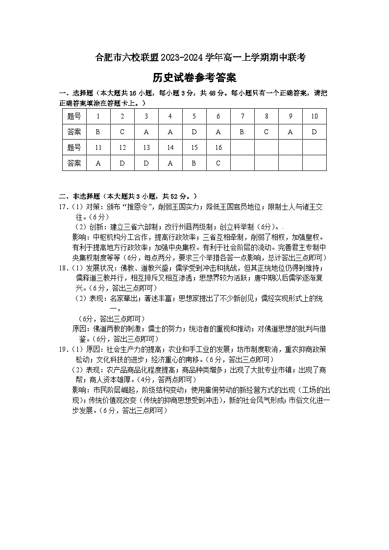 合肥六校联盟2023-2024学年第一学期期中联考高一年级历史试卷答案第1页