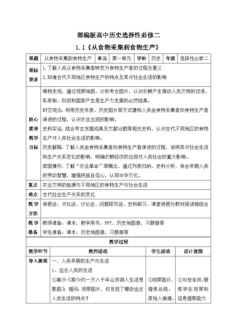 【核心素养】人教统编版高中历史选择性必修二 1.1课从食物采集到食物生产 课件+教案+分层作业（含教学反思和答案）01