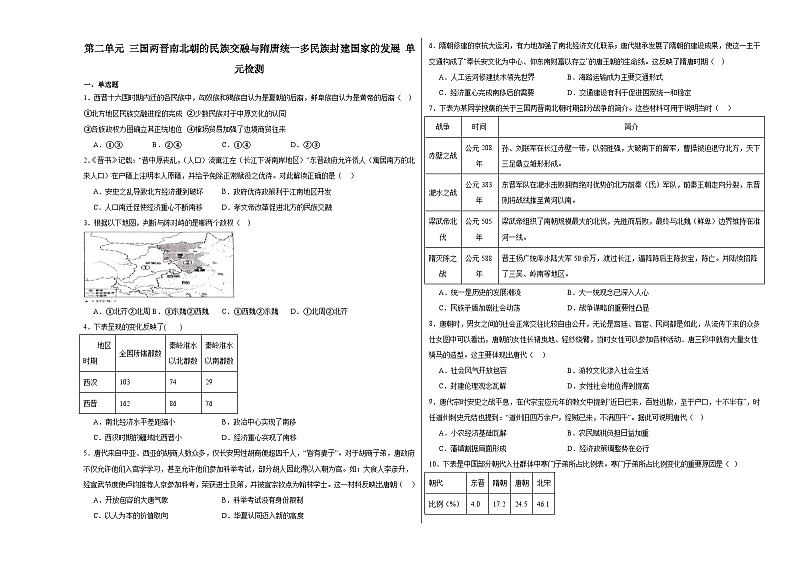 第二单元 三国两晋南北朝的民族交融与隋唐统一多民族封建国家的发展 单元检测（含答案）2023-2024学年高一上学期统编版（2019）必修中外历史纲要（上）第1页