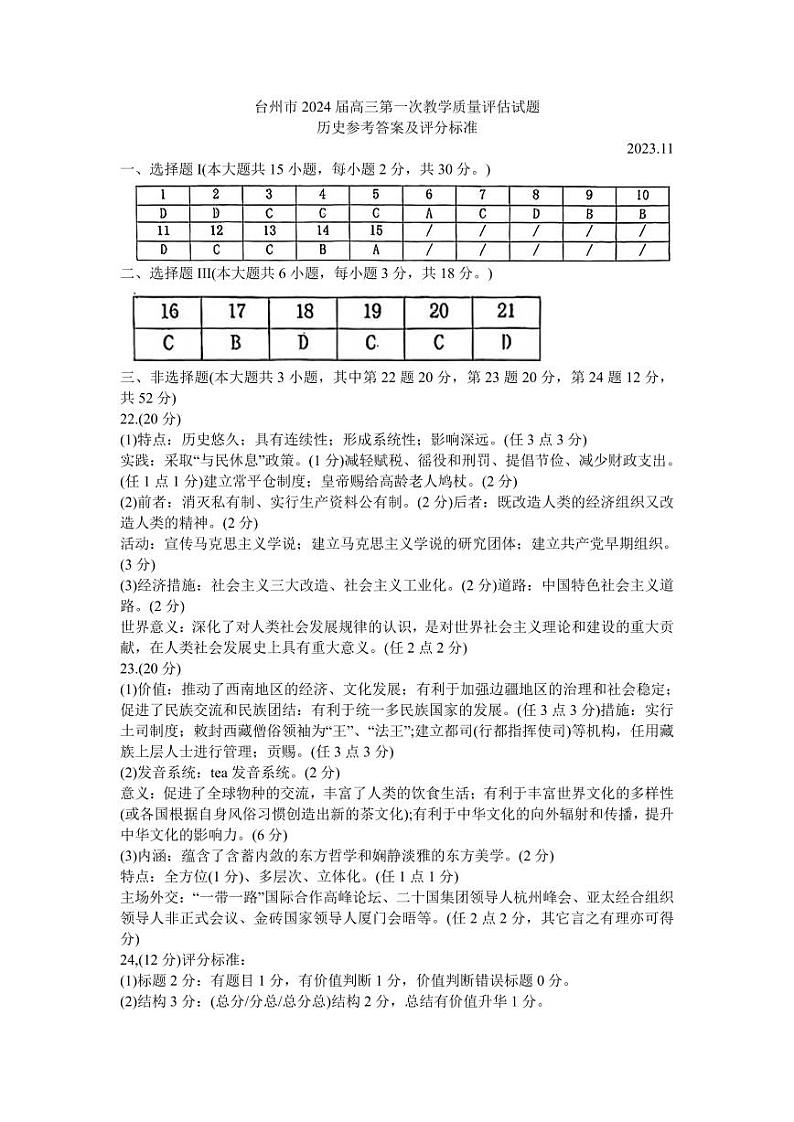 2024台州高三上学期第一次教学质量评估历史PDF版含答案 试卷01