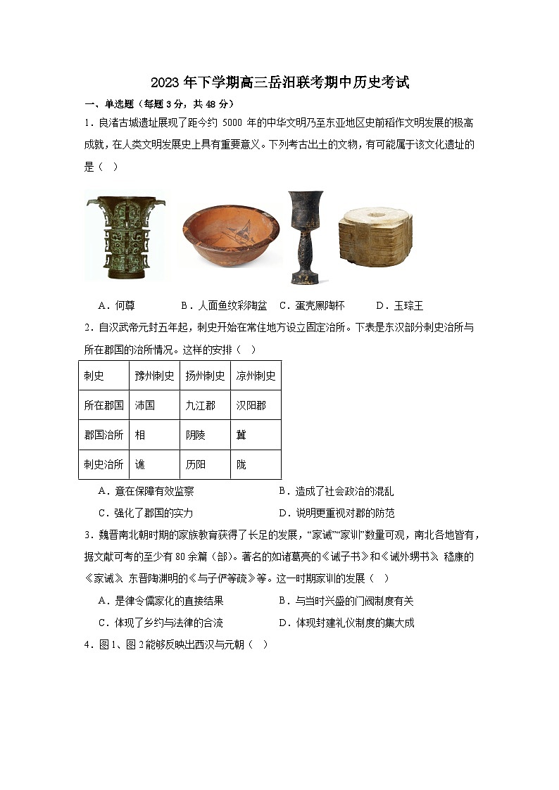 湖南省岳汨联考2023-2024学年高三上学期期中考试历史试题第1页