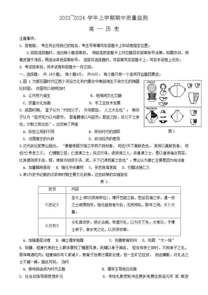 山东省潍坊市2023-2024学年高一上学期期中质量监测历史试题01