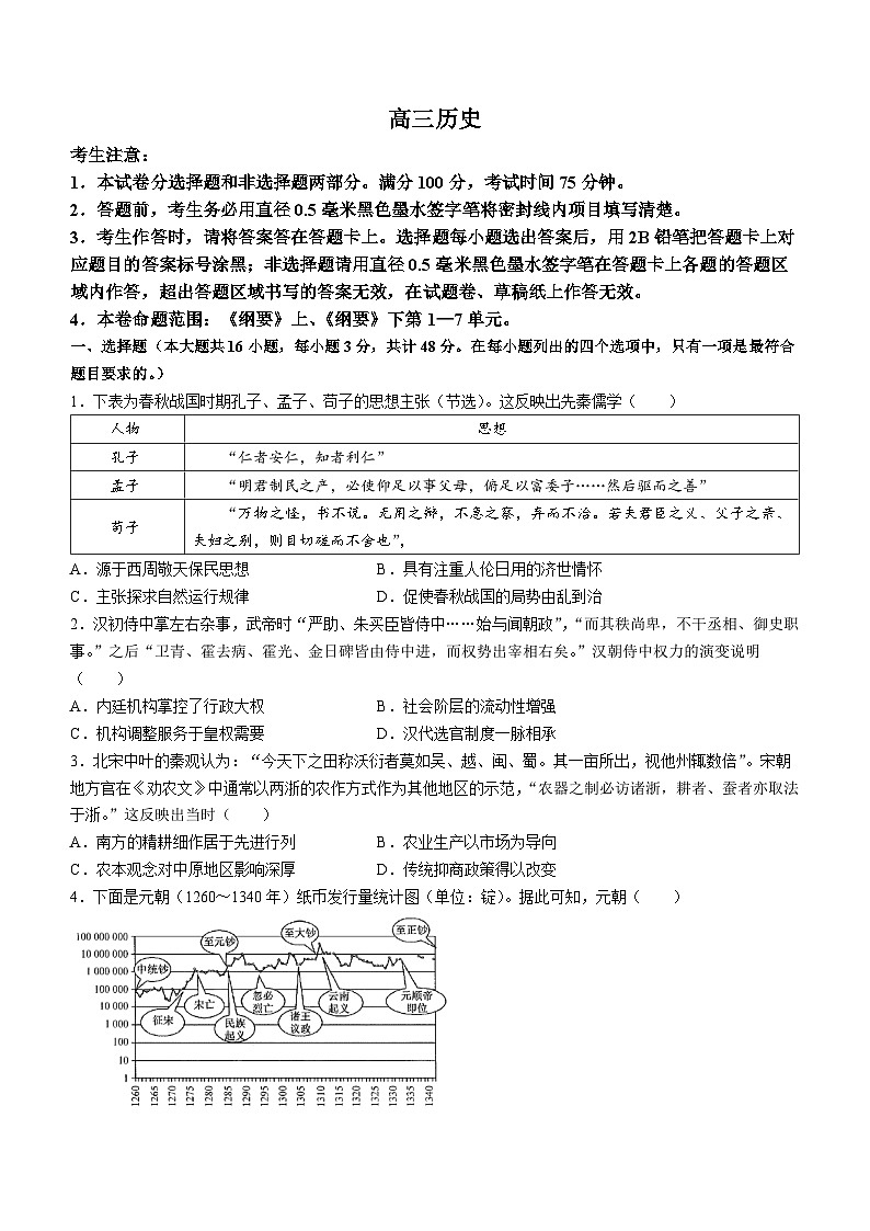 江西省部分地区2023-2024学年高三上学期期中考试历史试题01