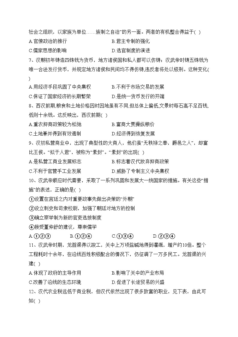 第4课 西汉与东汉——统一多民族封建国家的巩固（课时作业）——高中历史统编版（2019）必修中外历史纲要上册(含答案)02