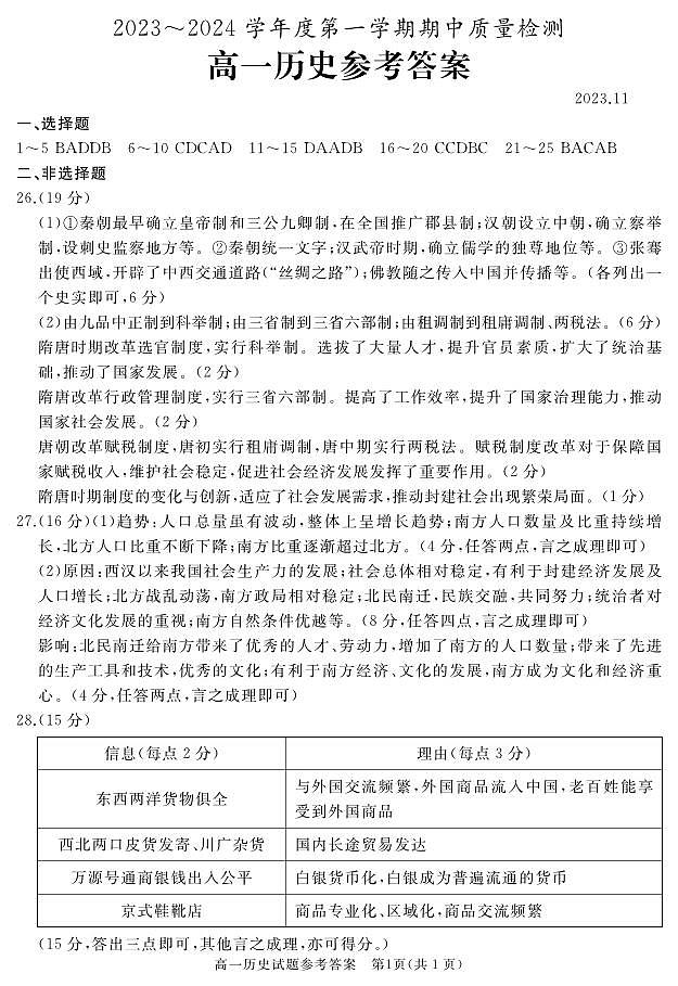 2024枣庄滕州高一上学期期中考试历史PDF版含答案01