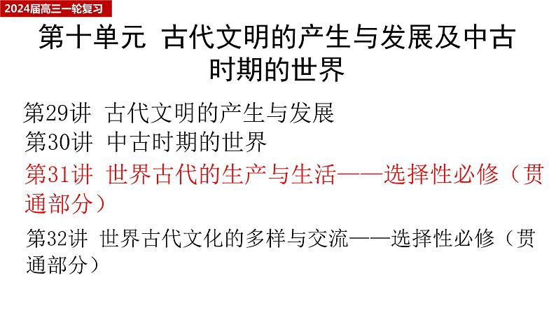 第31讲 世界古代的生产与生活 课件——选择性必修（贯通部分)课件2024届高三一轮复习01