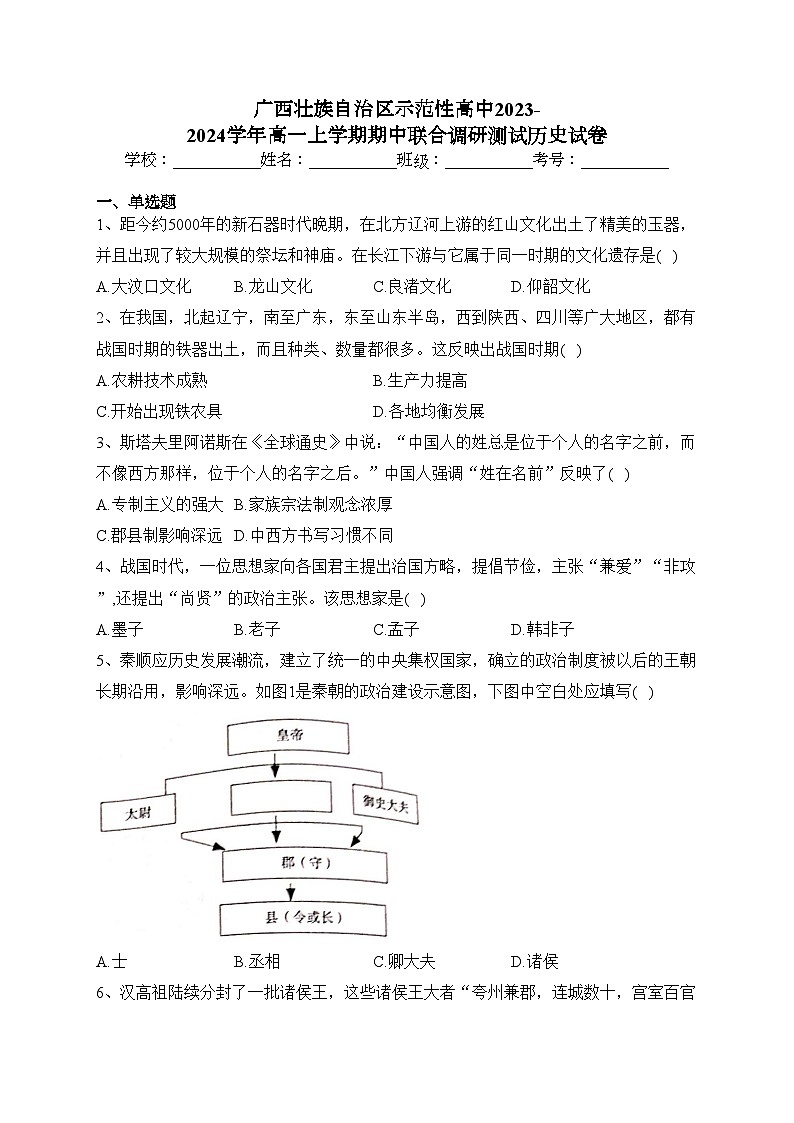 广西壮族自治区示范性高中2023-2024学年高一上学期期中联合调研测试历史试卷(含答案)01