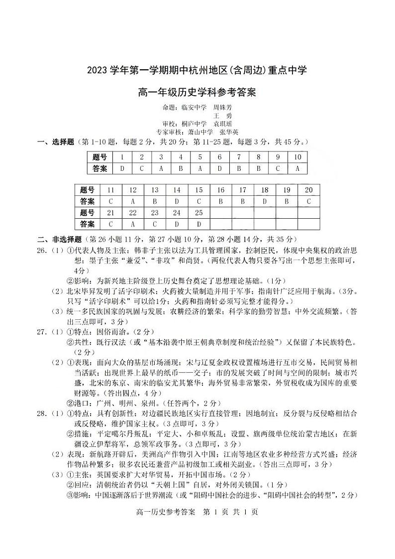 浙江省杭州市重点中学2023-2024学年高一上学期期中历史试卷【答案】第1页