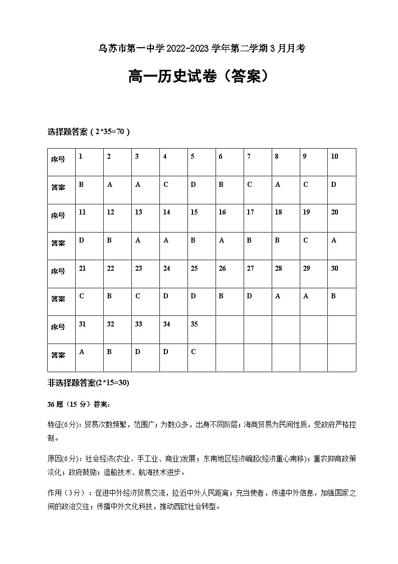 新疆维吾尔自治区塔城地区乌苏市第一中学2022-2023学年高一下学期3月月考历史答案第1页