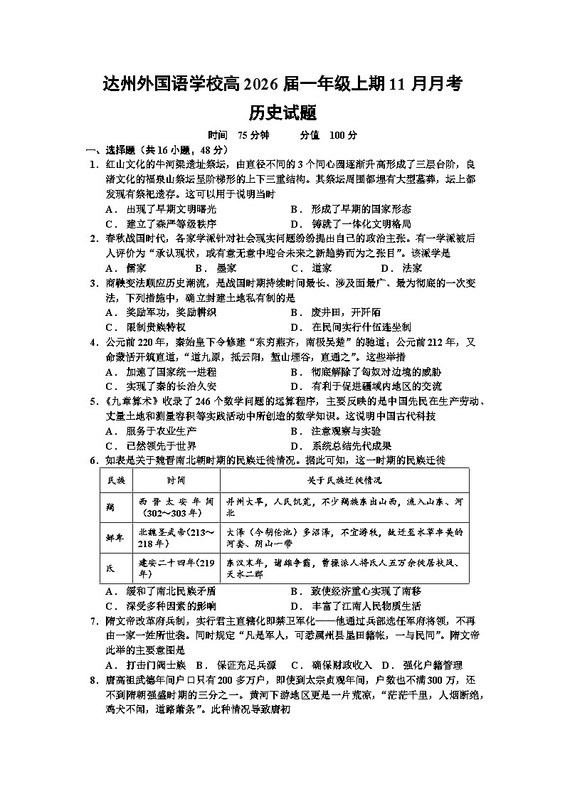四川省达州外国语学校2023-2024学年高一上学期11月月考历史试题01