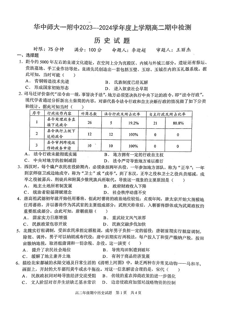 湖北省武汉市华中师范大学第一附属中学2023-2024学年高二上学期期中检测历史试题01