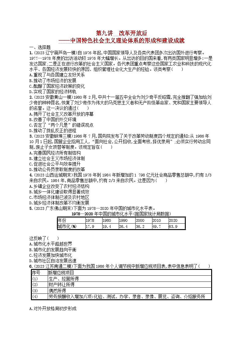 适用于新高考新教材通史版2024版高考历史二轮复习专题突破练第9讲改革开放后--中国特色社会主义理论体系的形成和建设成就（附解析）第1页