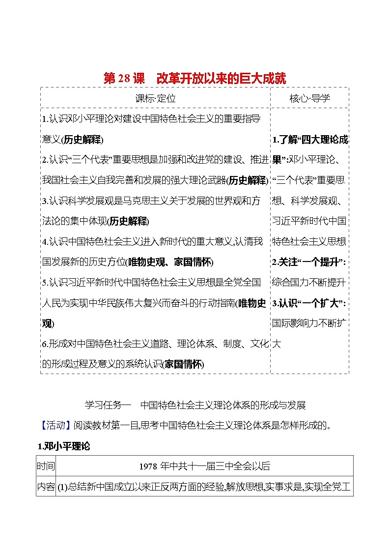 第十单元  第28课　改革开放以来的巨大成就 导学案2023-2024 部编版高中历史 必修上册01