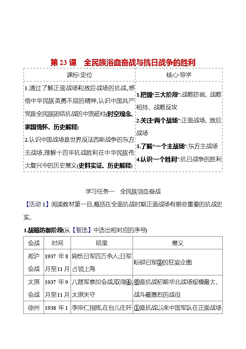 第八单元  第23课　全民族浴血奋战与抗日战争的胜利 导学案2023-2024 部编版高中历史 必修上册01