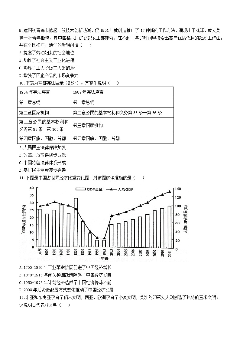 江苏省徐州市2021-2022学年高二上学期期末历史试题03