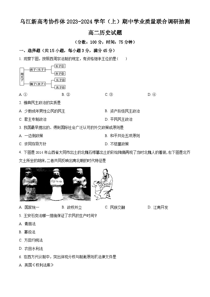 2024重庆市乌江新高考协作体高二上学期期中学业质量联合调研抽测试题历史含解析01