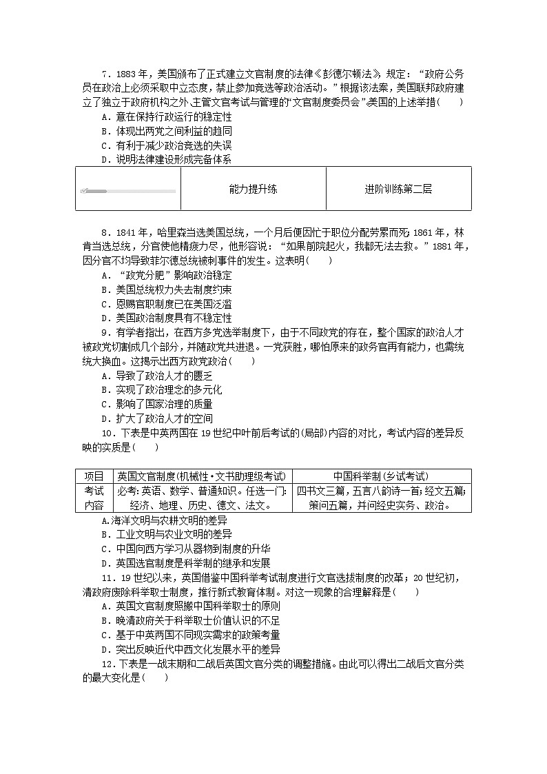 2023版新教材高中历史第二单元官员的选拔与管理第六课西方的文官制度课时作业部编版选择性必修102