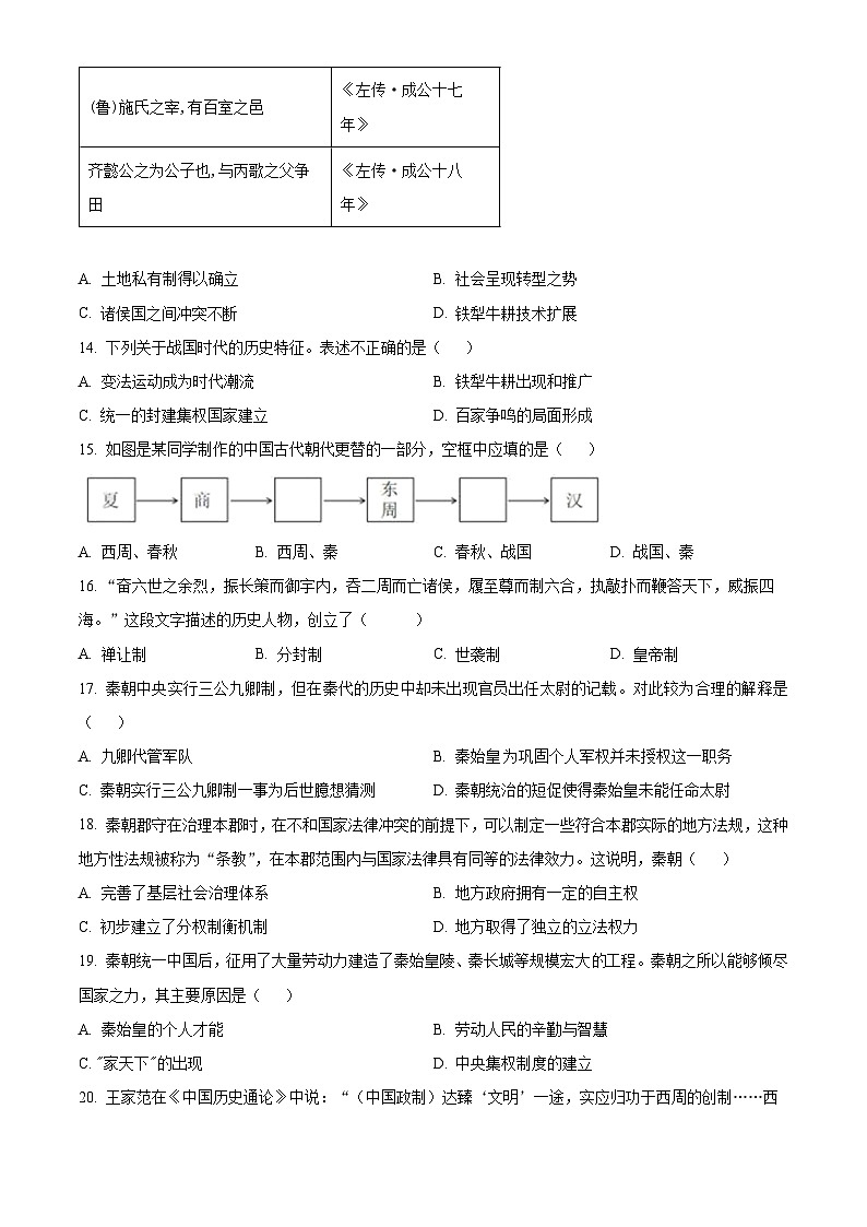四川省达州外国语学校2023-2024学年高一上学期期中历史试题（Word版附解析）03