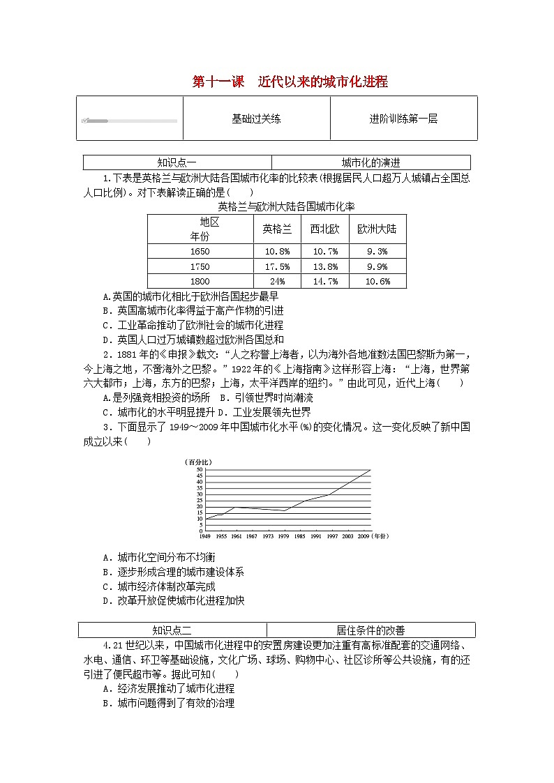 2023版新教材高中历史第四单元村落城镇与居住环境第十一课近代以来的城市化进程课时作业部编版选择性必修201