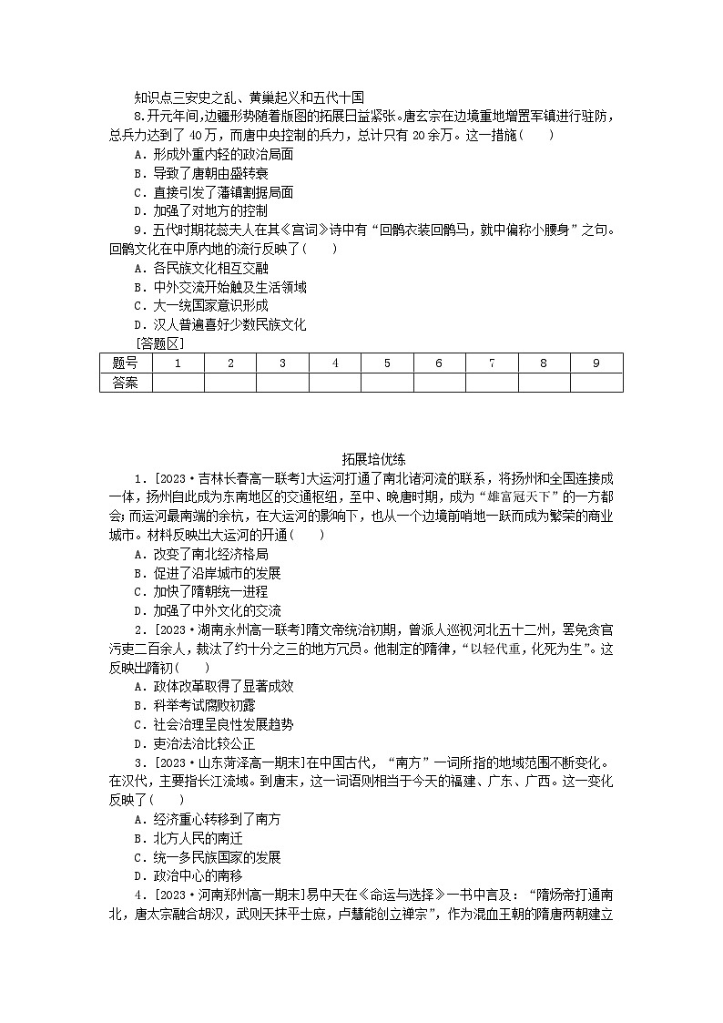 2024版新教材高中历史第二单元三国两晋南北朝的民族交融与隋唐统一多民族封建国家的发展第六课从隋唐盛世到五代十国课时作业部编版必修中外历史纲要上02