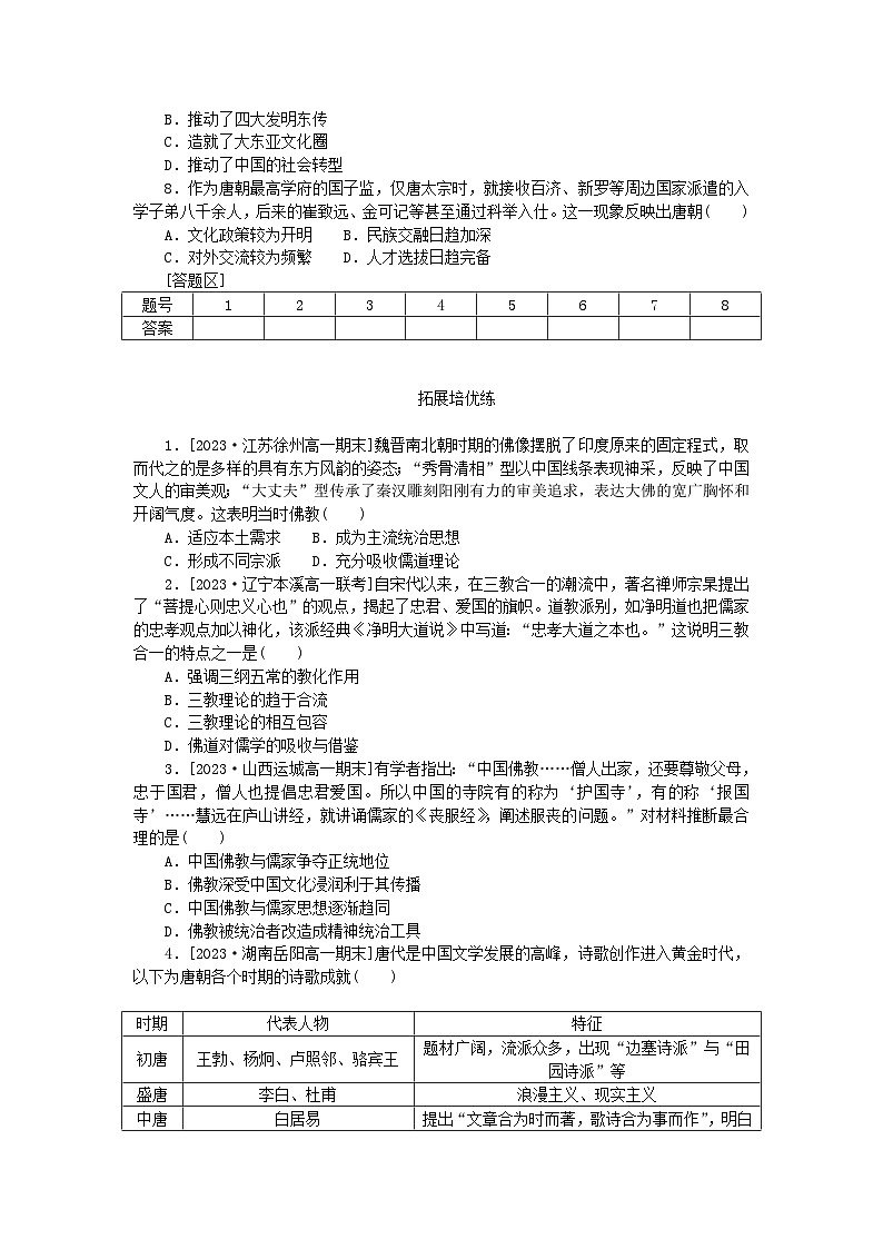 2024版新教材高中历史第二单元三国两晋南北朝的民族交融与隋唐统一多民族封建国家的发展第八课三国至隋唐的文化课时作业部编版必修中外历史纲要上第2页
