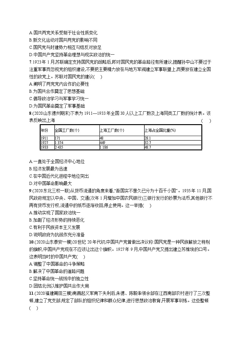 高中考试历史特训练习含答案——从五四运动到国共十年对立第2页