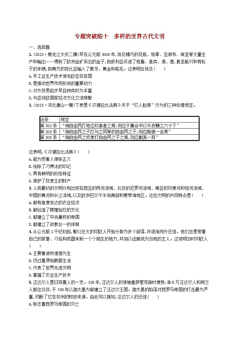 适用于新高考新教材广西专版2024届高考历史二轮总复习专题突破练十多样的世界古代文明01