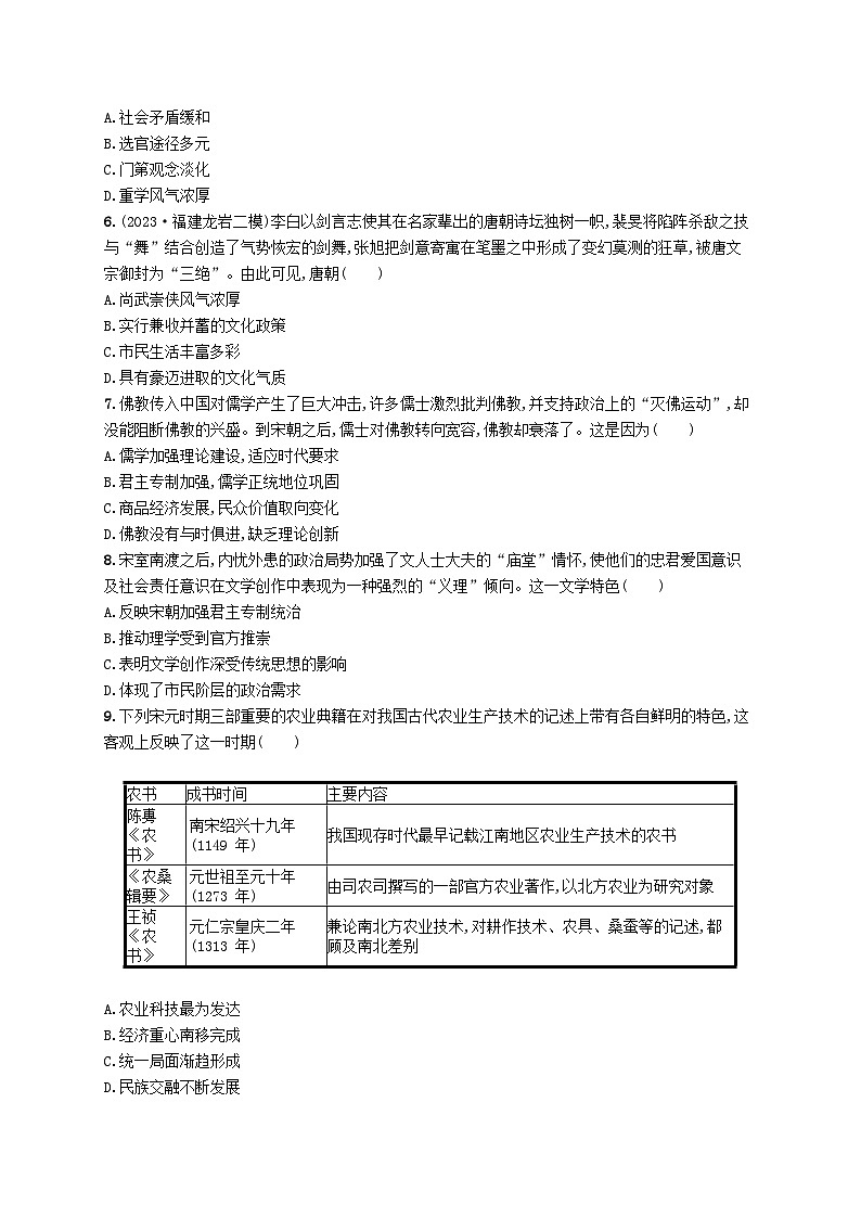 适用于新高考新教材广西专版2024届高考历史二轮总复习专题突破练四中国古代的传统文化及文化交流02