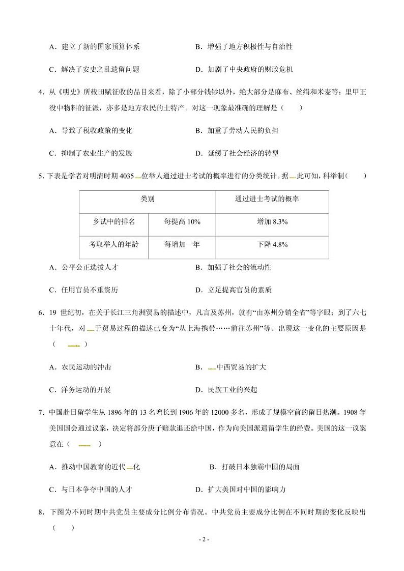 2021届重庆市梁平区高三上学期第一次调研考试历史试题 PDF版第2页