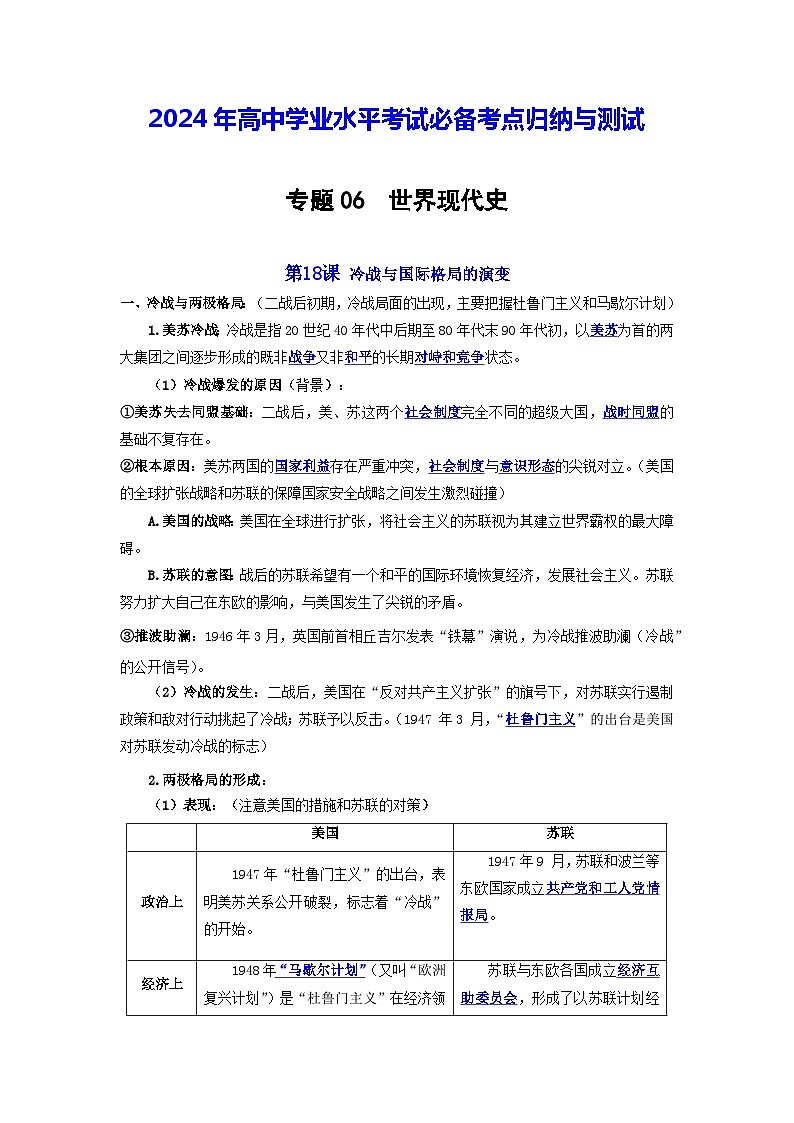 【知识梳理】2024年高中学业水平考试 高中历史 专题6 世界现代史01