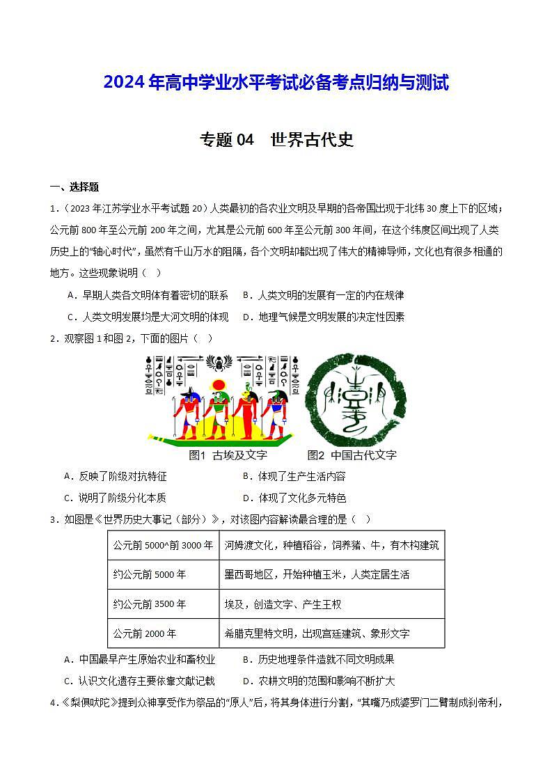 【学考复习】2024年高中历史学业水平考试 模拟测试卷 专题04 世界古代史（原卷版）第1页