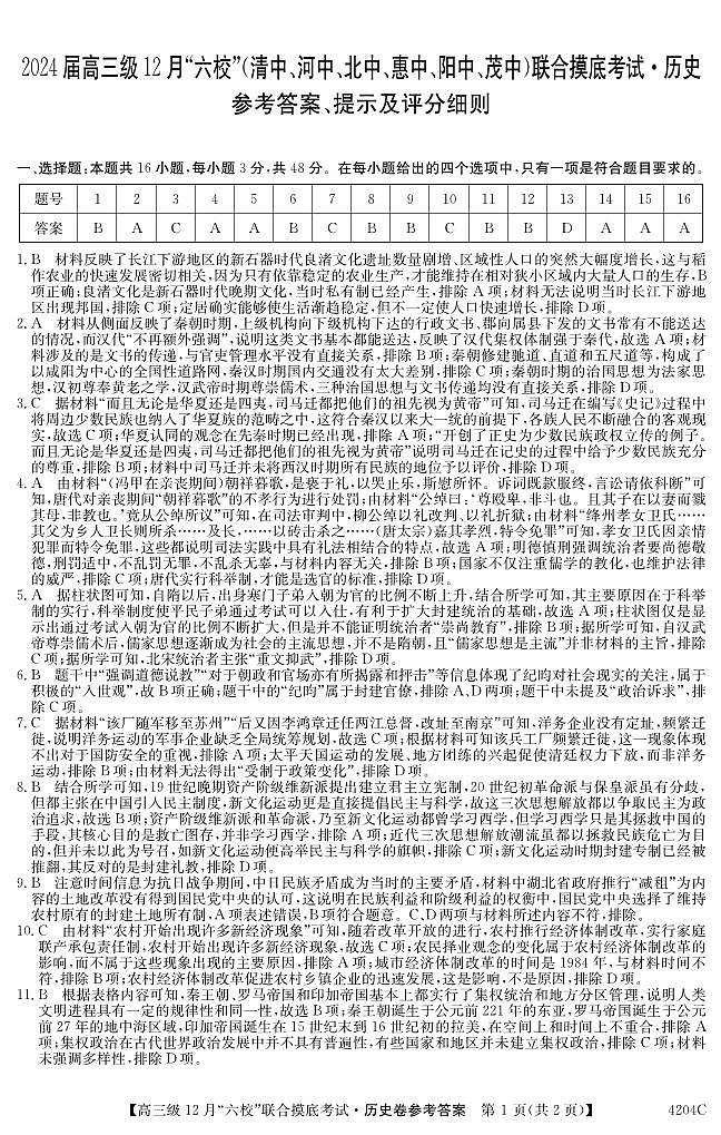 广东省六校（清中、河中、北中、惠中、阳中、茂中）2023-2024学年高三上学期12月联合摸底考试历史试题01