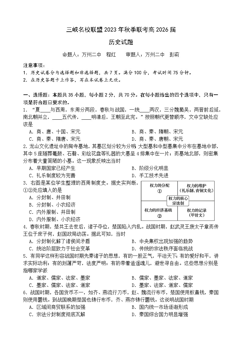 2024重庆市三峡名校联盟高一上学期秋季联考试题历史含答案01