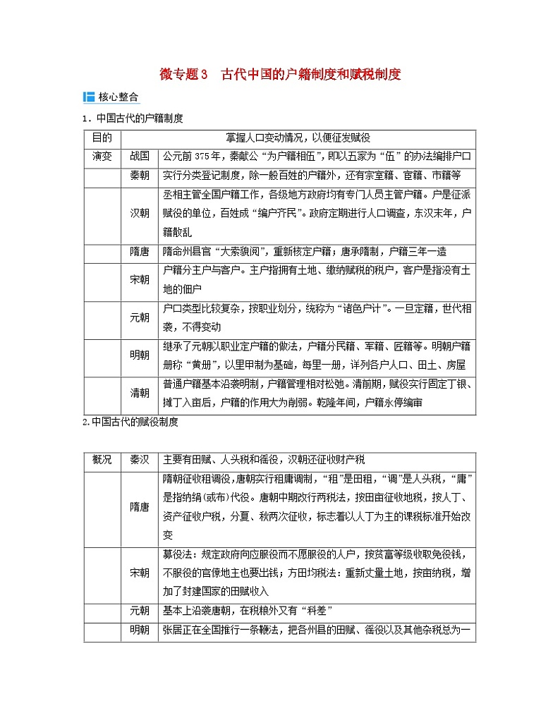 2024届高考历史二轮专题复习与测试板块一专题二中国古代的社会治理微专题3古代中国的户籍制度和赋税制度第1页