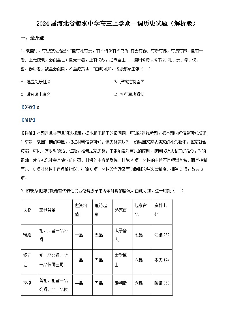 2024届河北省衡水中学高三上学期一调历史试题含解析01